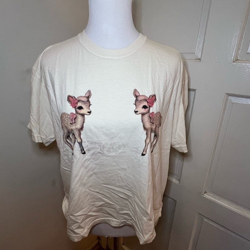 Dressed in LALA Cream Short Sleeve Tee with Pink Fawn Graphics